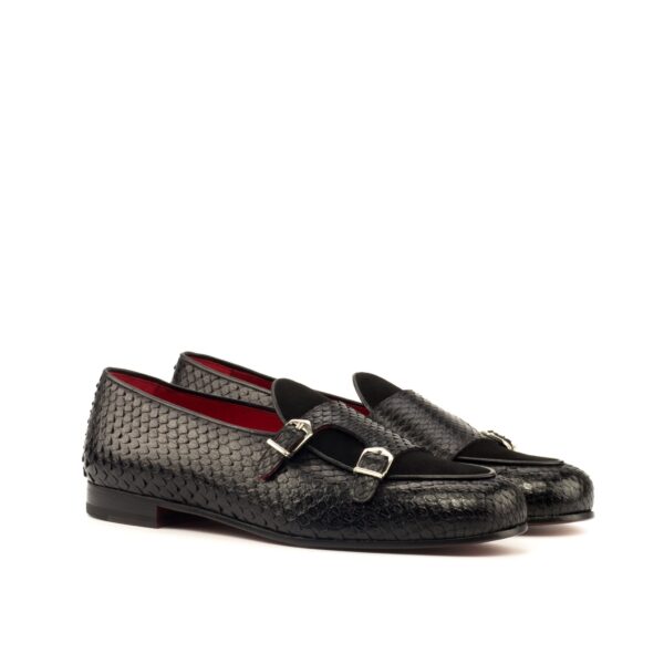 Men's Double Monk Slipper in Black Python and Suede with Red Sole