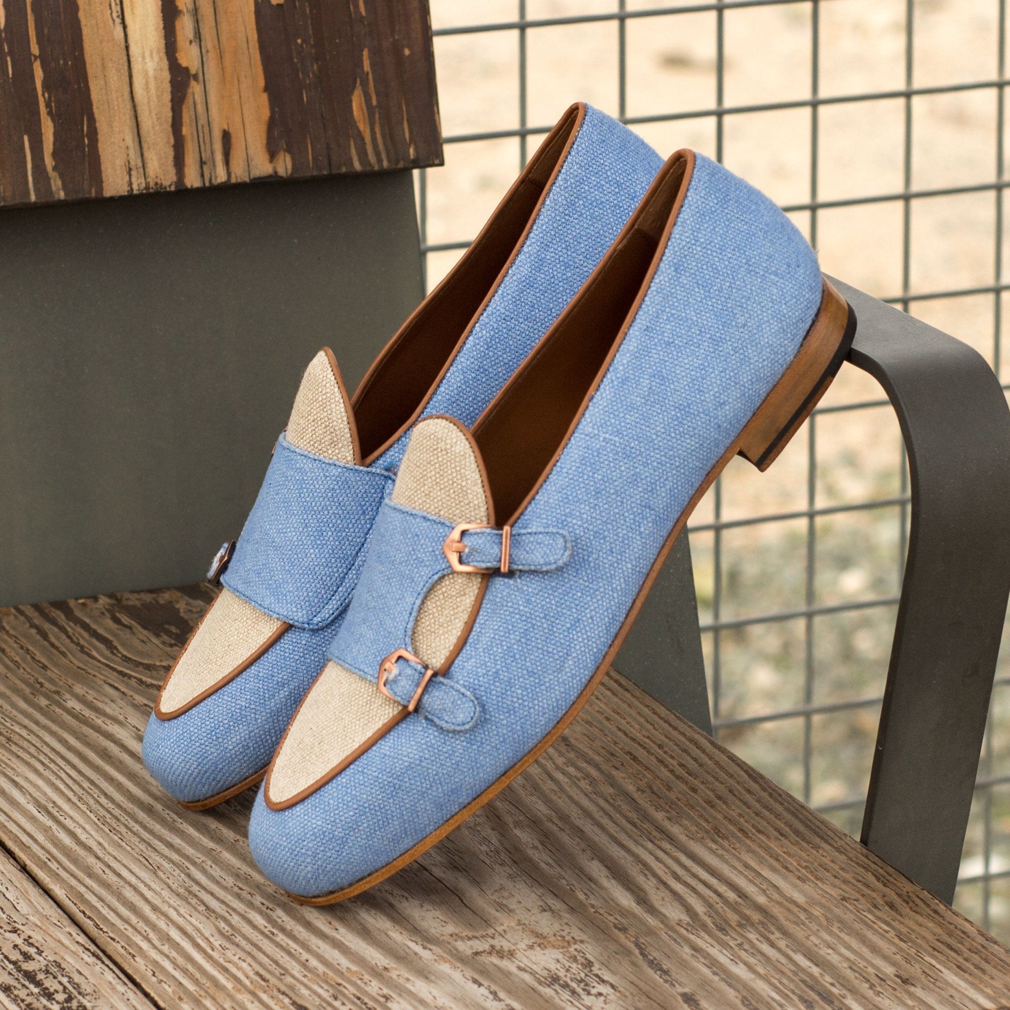 Men's Double Monk Slipper in Blue and Ice Linen