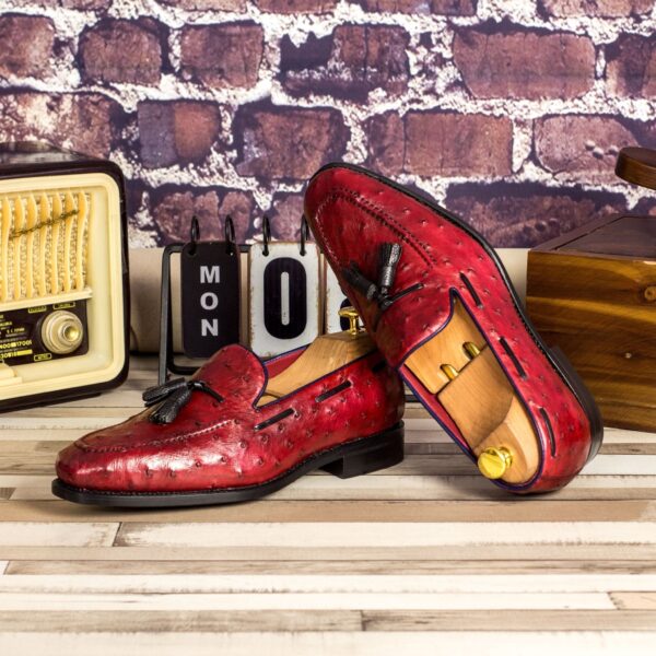 Men's Loafers in Red Ostrich with Tassels