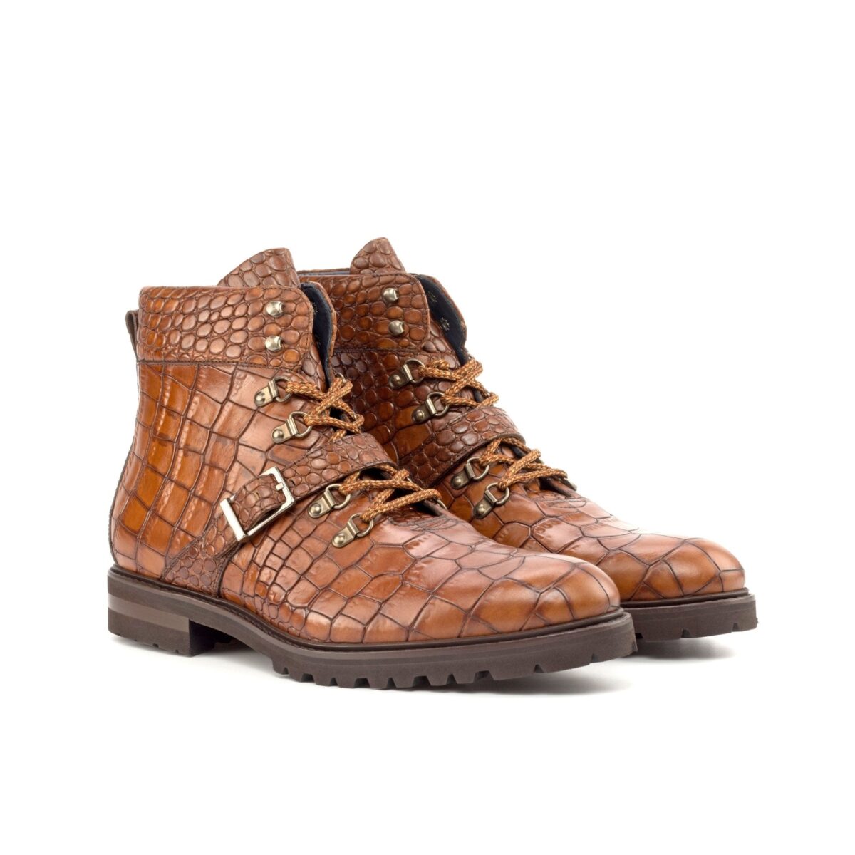 Men's Med Brown Hiking Boots in Croco Print Calf Skin