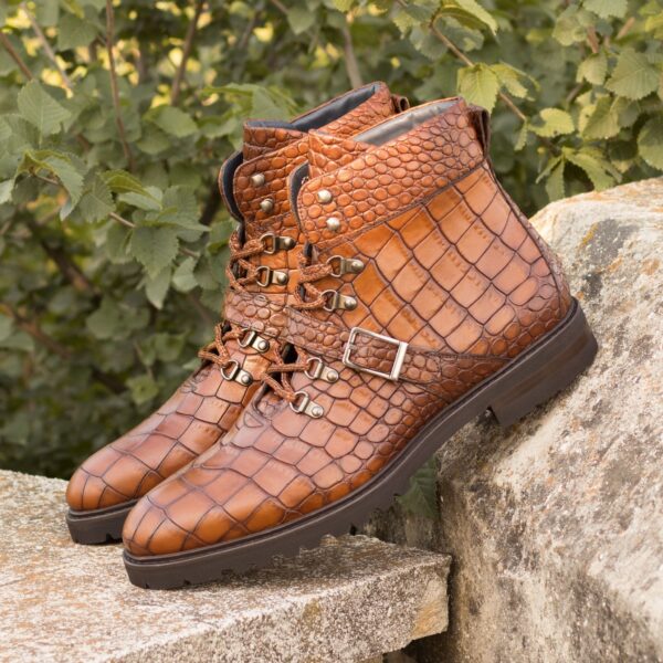 Men's Med Brown Hiking Boots in Croco Print Calf Skin