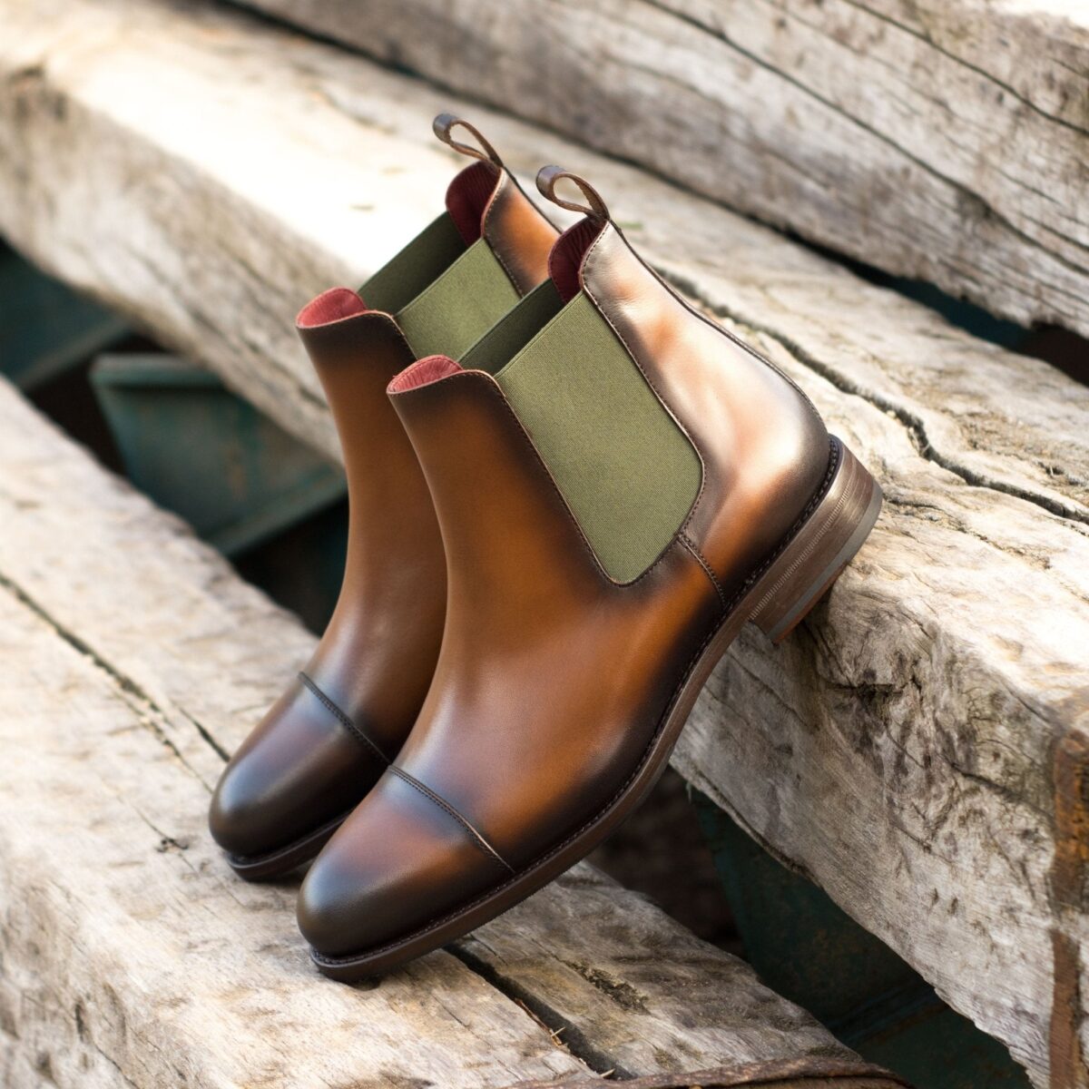 Men's Medium Brown and Olive Chelsea Boots with Burnishing