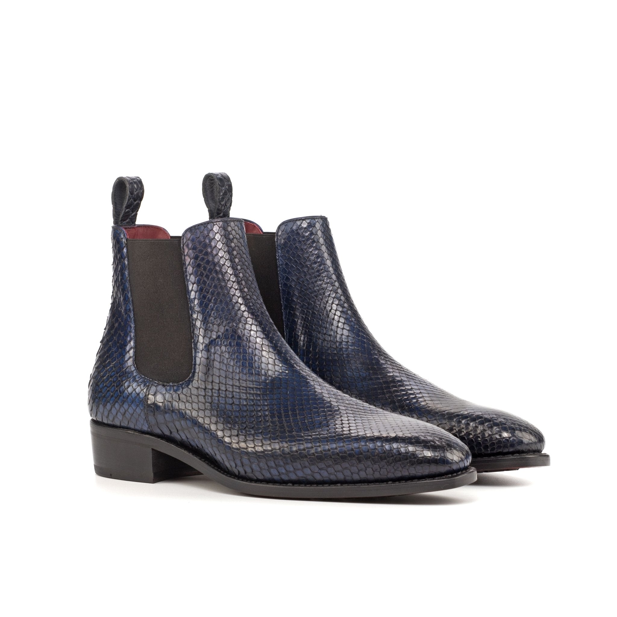 Men s Navy Blue Python Chelsea Boots with High Heel and Croco Print Calf Pull Tab