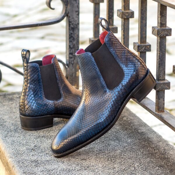 Men's Navy Blue Python Chelsea Boots with High Heel and Croco Print Calf Pull Tab