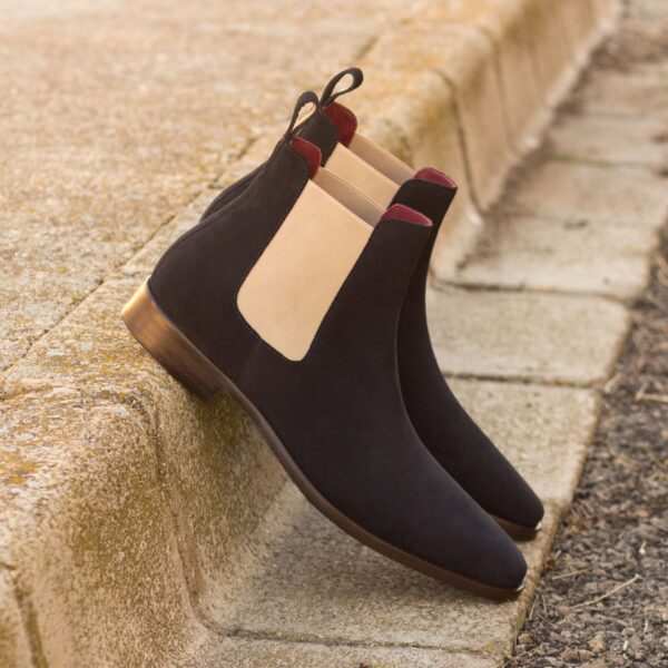 Men's Navy Blue Suede and Beige Chelsea Boots with Blue Sole