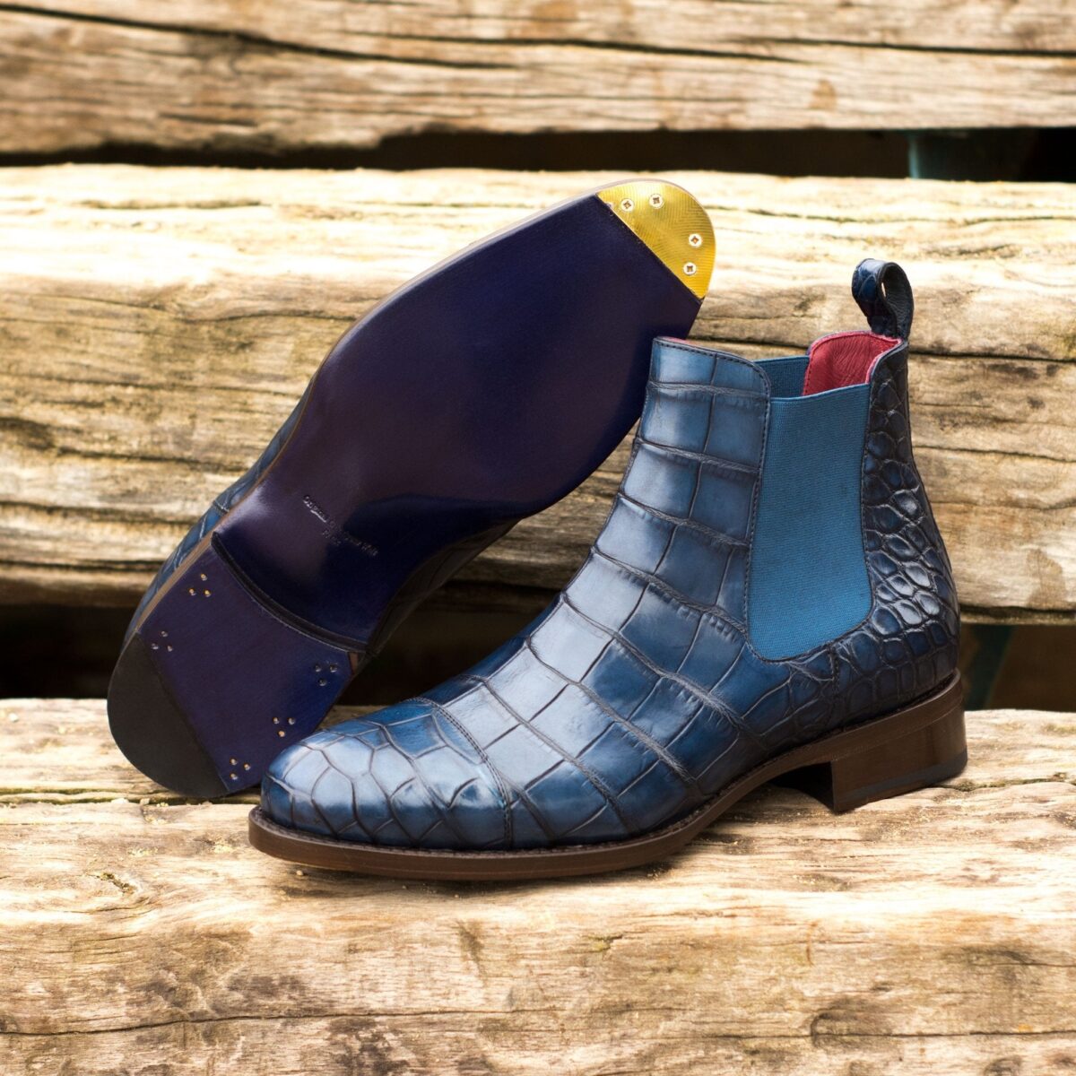 Men's Navy Exotic Alligator Chelsea Boots with Toe Taps and High Heel