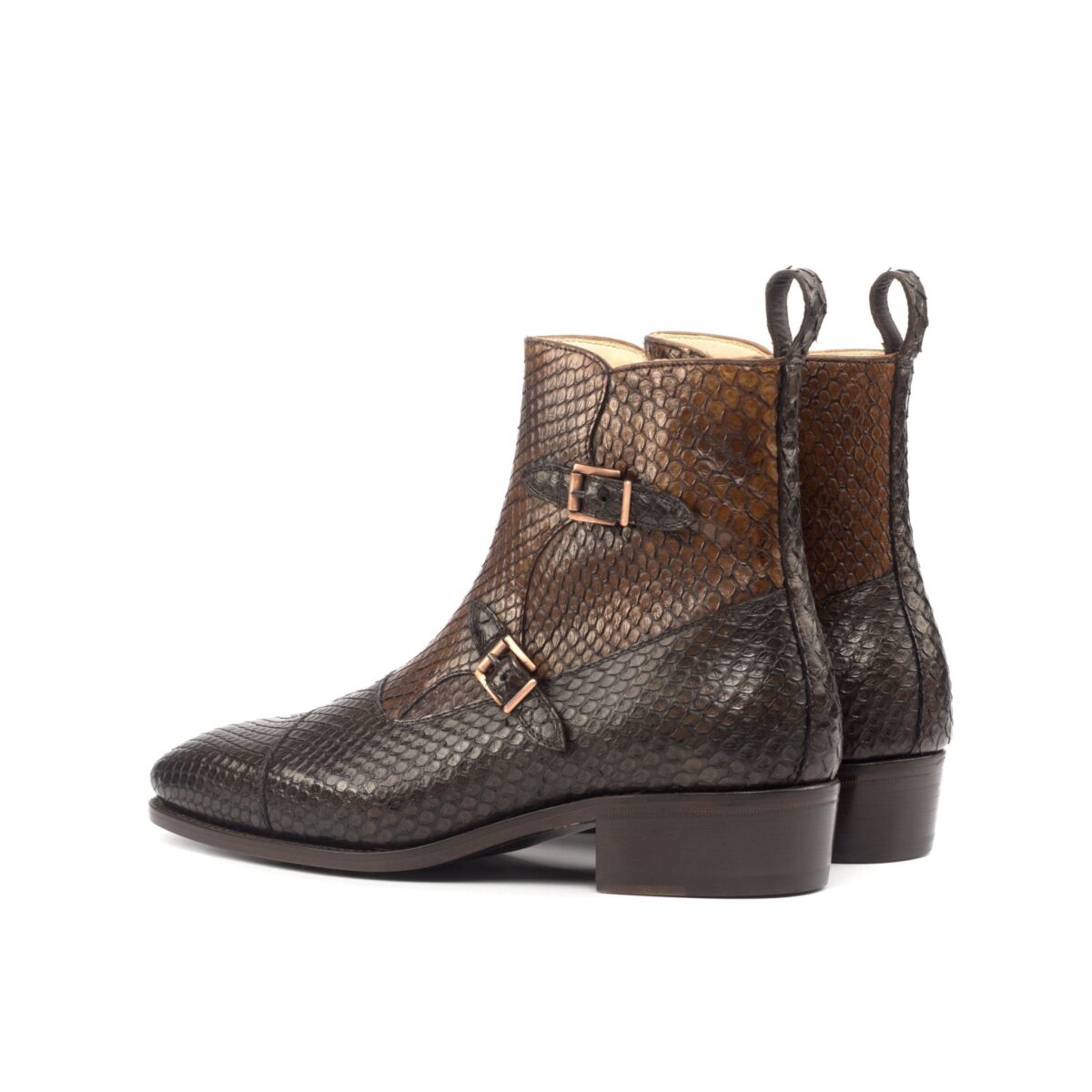 Men's Python Double Monk Boots In Medium and Dark Brown with High Heel with Zipper