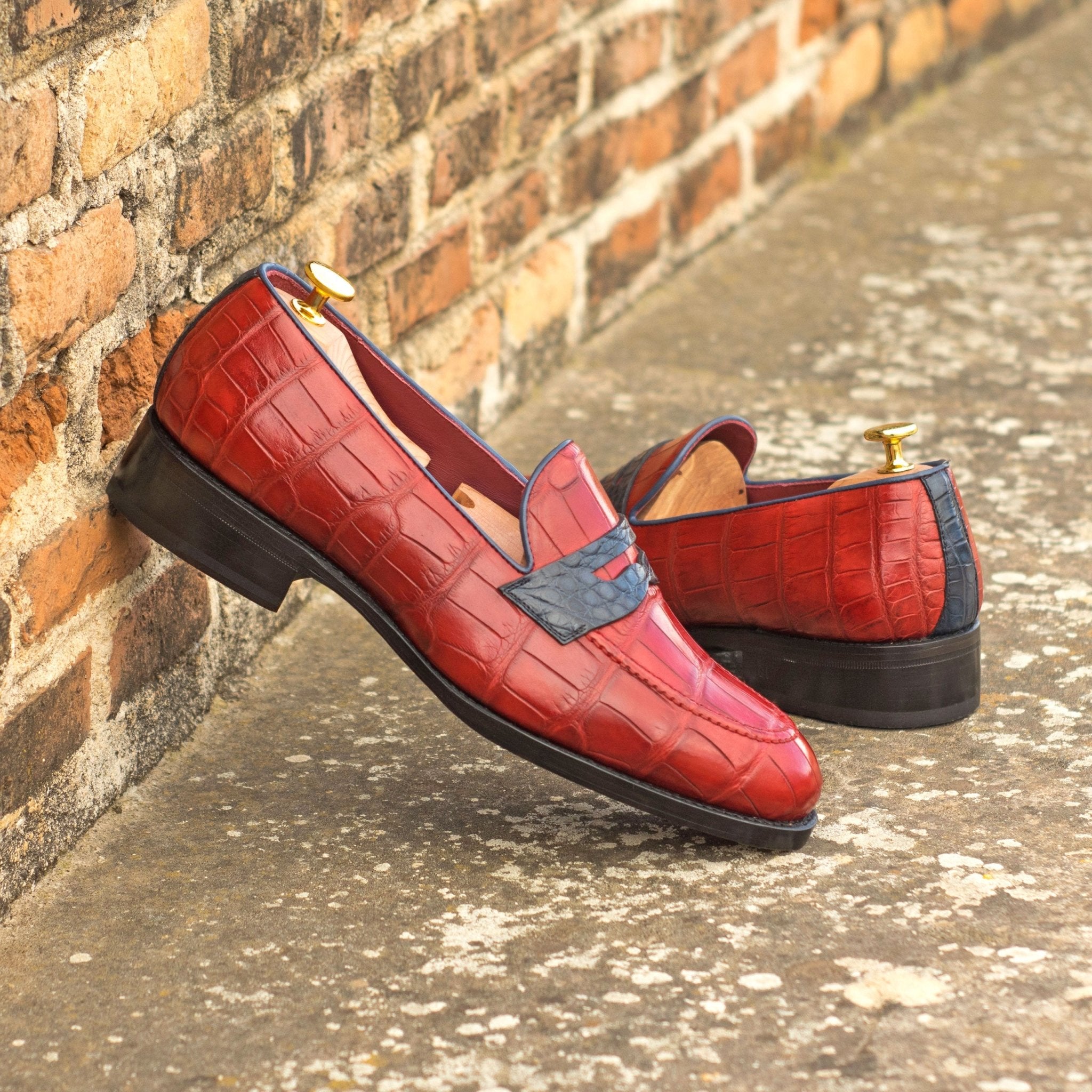 Men s Red Navy Blue Alligator Loafers with High Heel Toe Taps