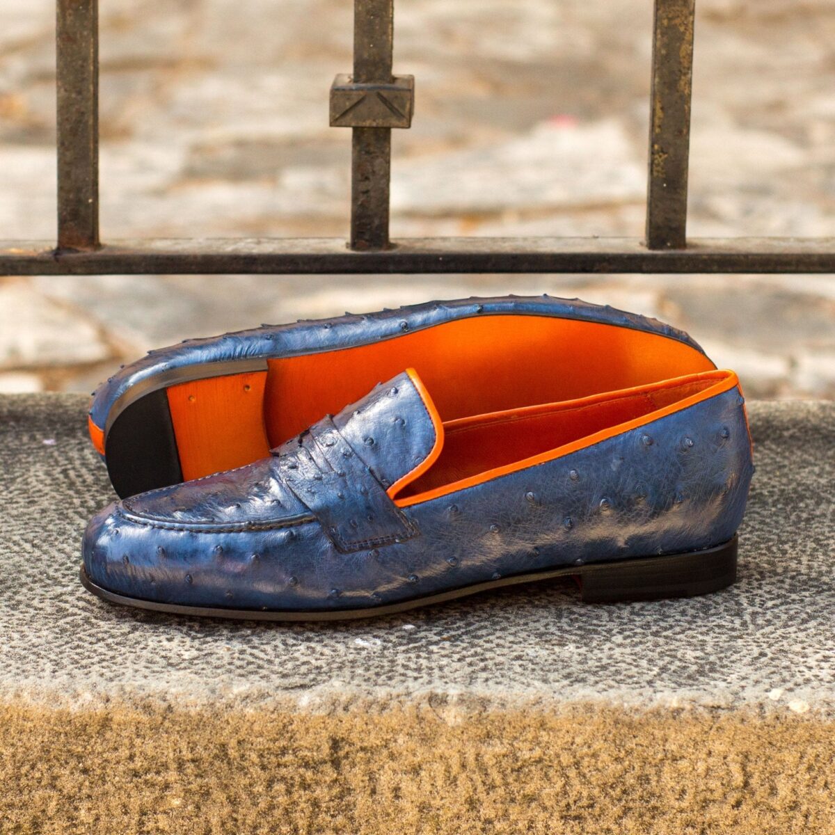 Men's Ronde Ostrich Smoking Slippers in Navy and Orange