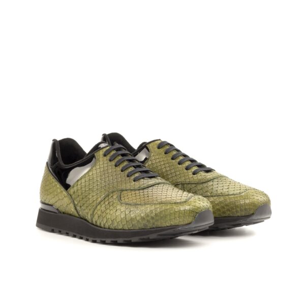 Men's Scarpa Jogging Sneaker in Olive Green Python and Black Patent Leather