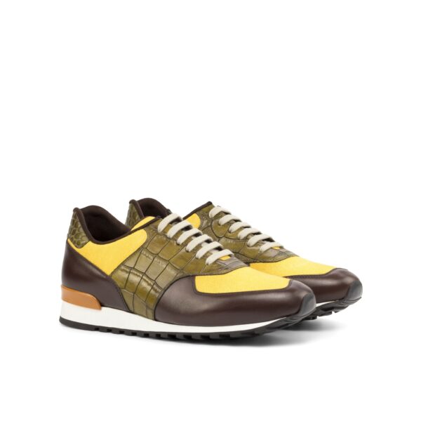 Men's Scarpa Sneaker in Mustard Linen Olive Croco and Brown Calf