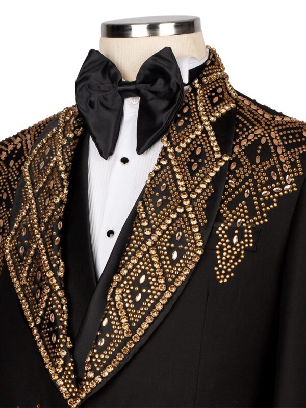 Men's Shawl Lapel Black and Gold Rhinestone Embellished Three Piece Tuxedo