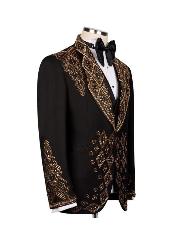 Men's Shawl Lapel Black and Gold Rhinestone Embellished Three Piece Tuxedo