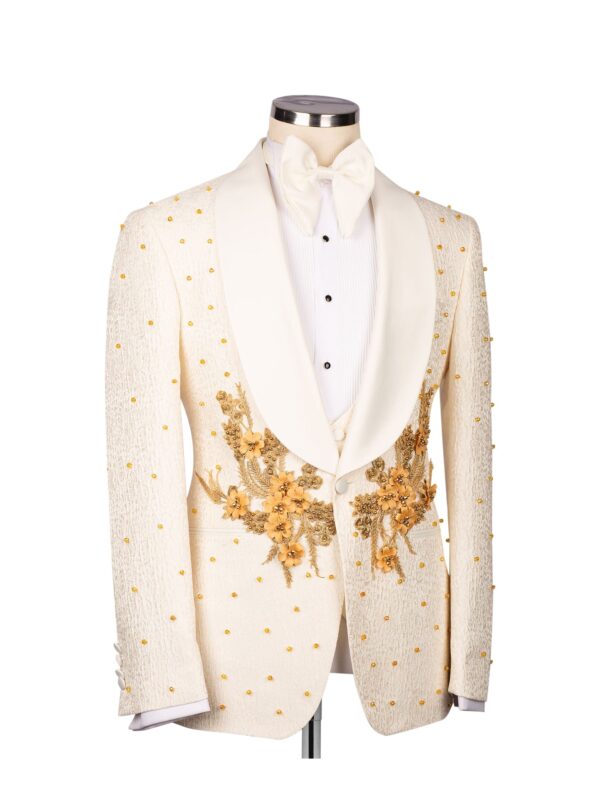 Men's Shawl Lapel Cream and Gold Embellished Three Piece Tuxedo