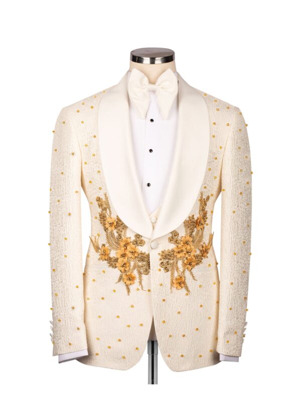 Men's Shawl Lapel Cream and Gold Embellished Three Piece Tuxedo