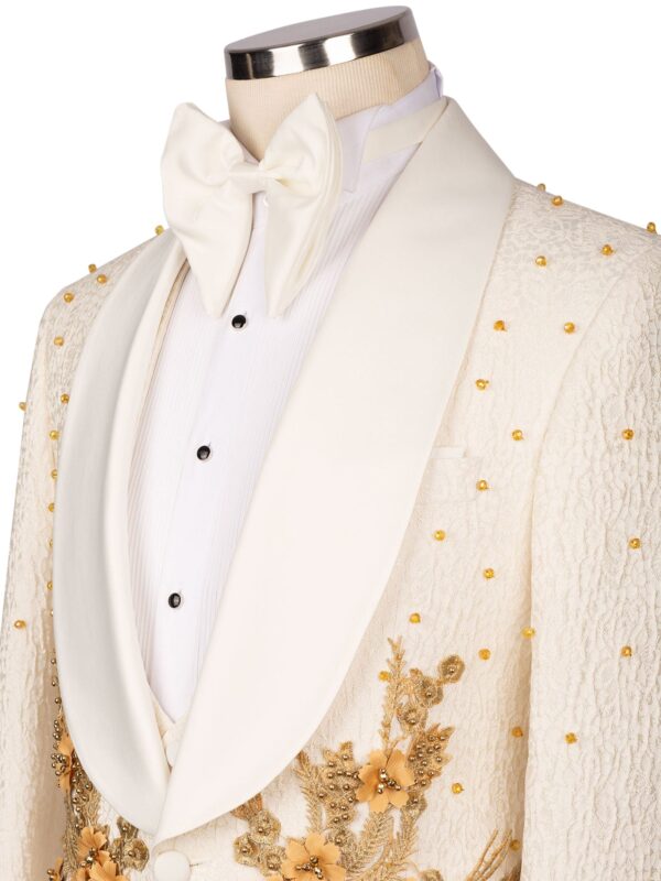 Men's Shawl Lapel Cream and Gold Embellished Three Piece Tuxedo