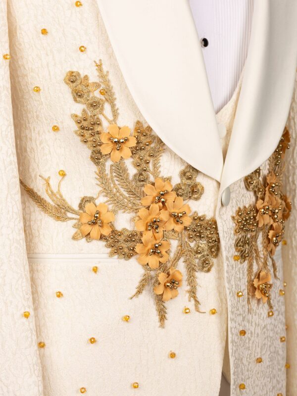 Men's Shawl Lapel Cream and Gold Embellished Three Piece Tuxedo