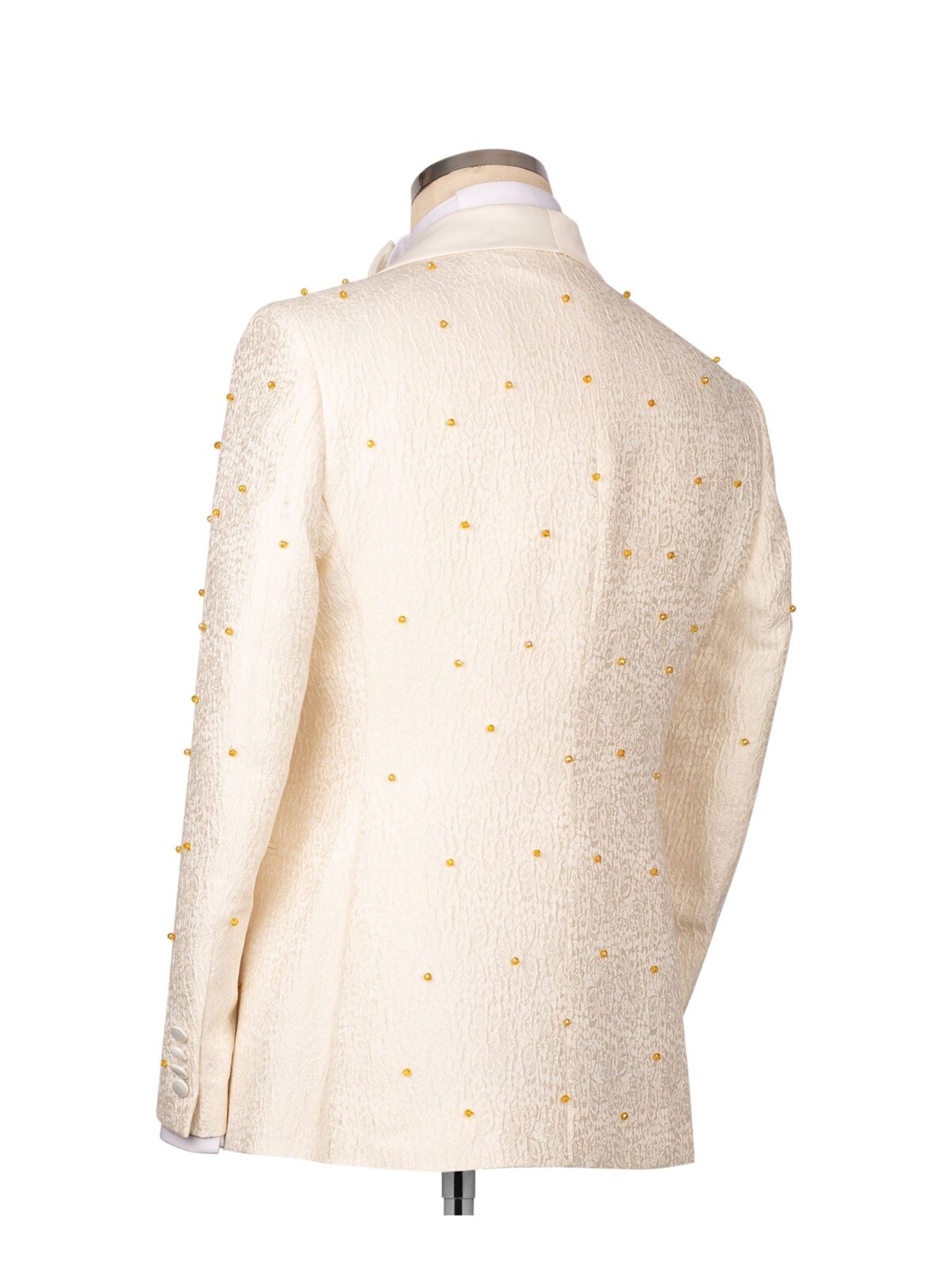 Men's Shawl Lapel Cream and Gold Embellished Three Piece Tuxedo