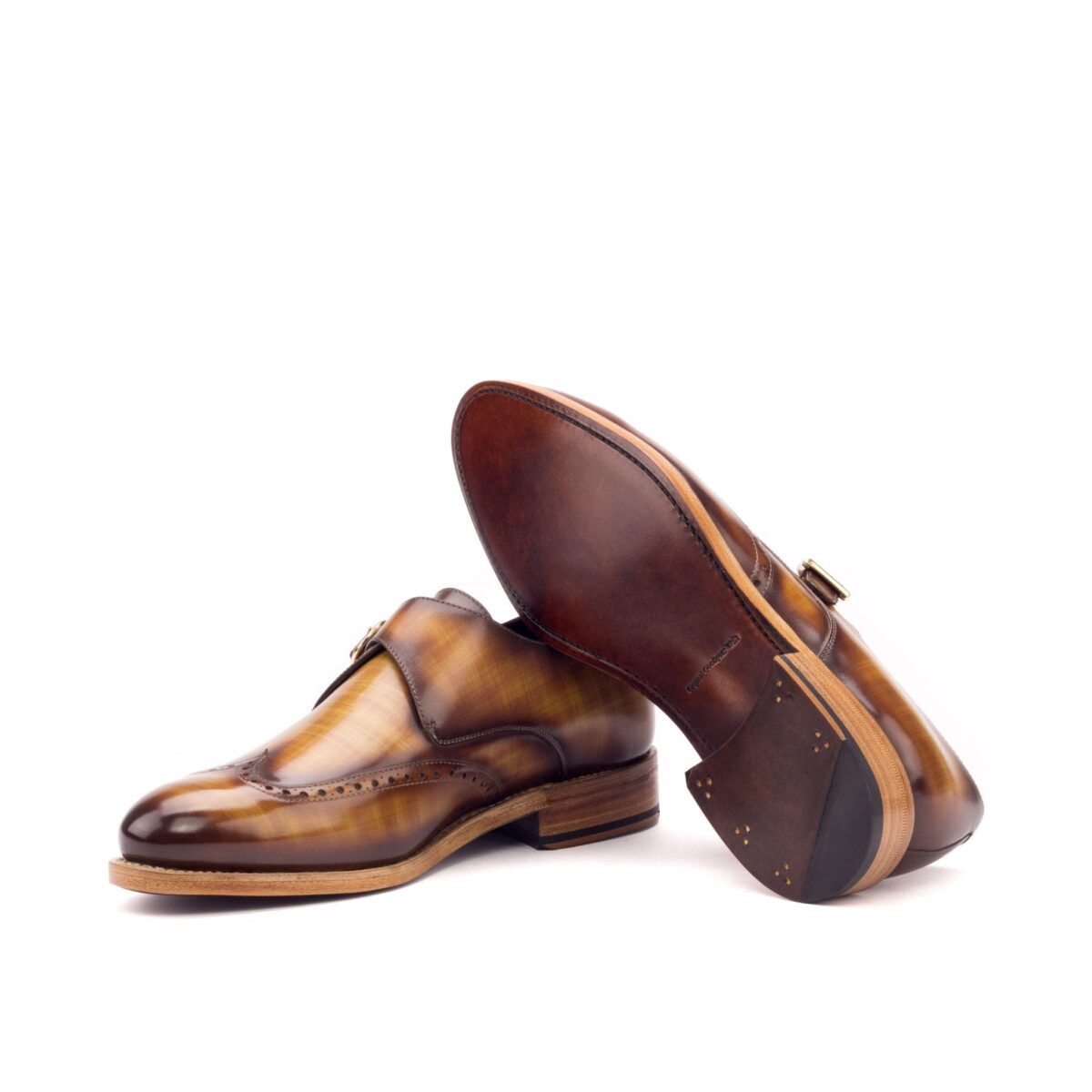 Men's Single Monk Strap Wingtips in Cognac Brown Patina