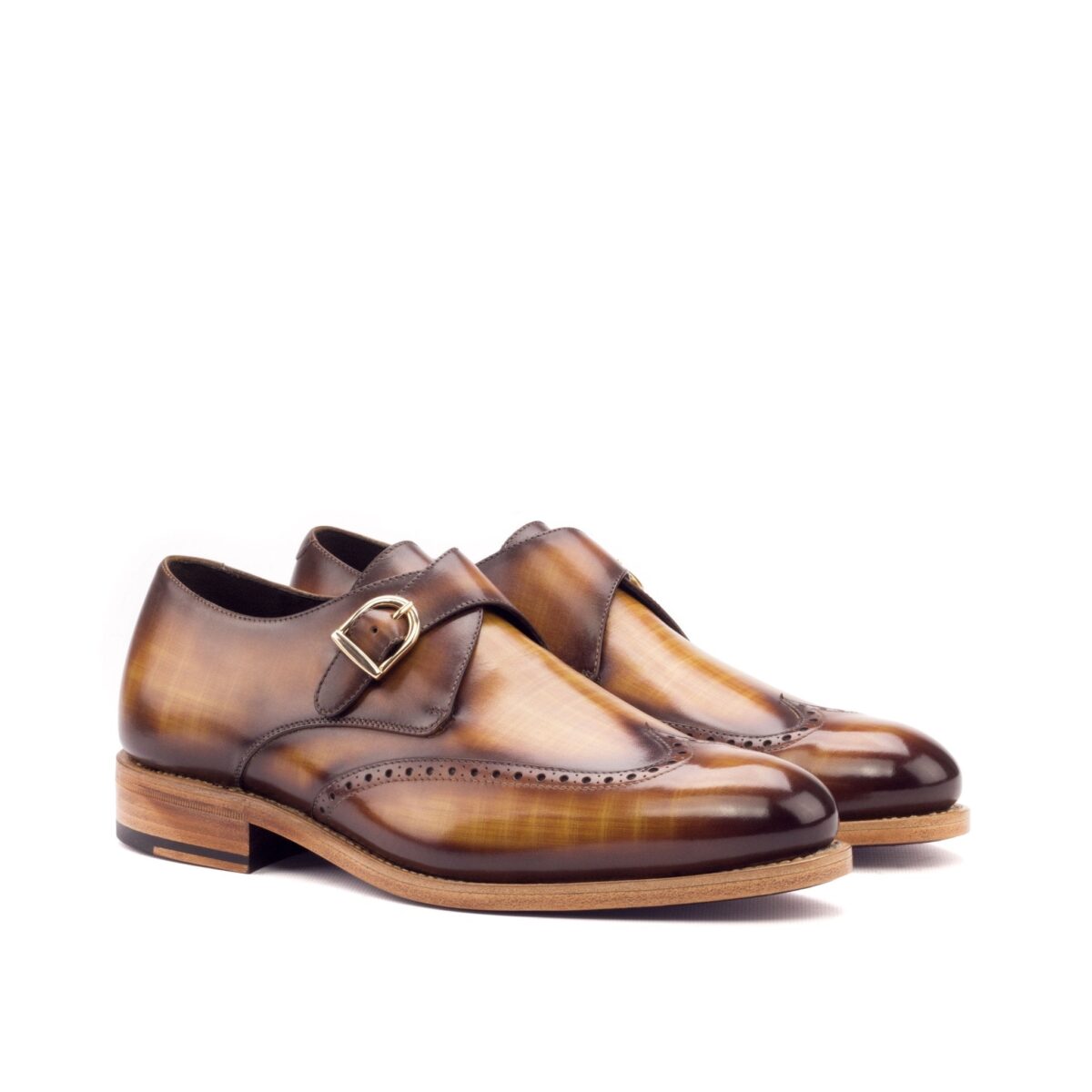 Men's Single Monk Strap Wingtips in Cognac Brown Patina