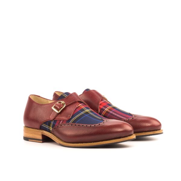 Men's Single Monk Strap Wingtips in Red Pebble Grain and Tartan