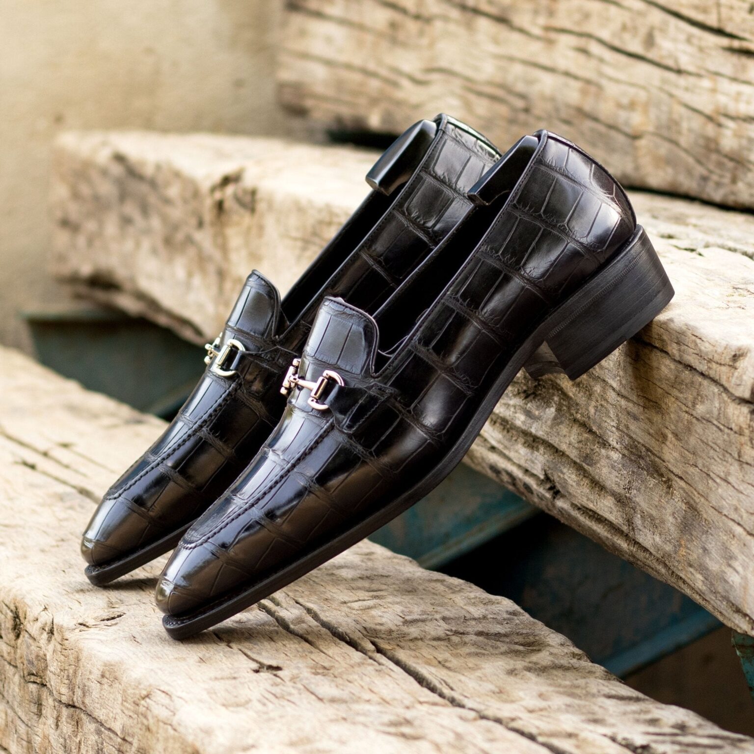 Men's All Black Alligator Horsebit Loafers with High Heel