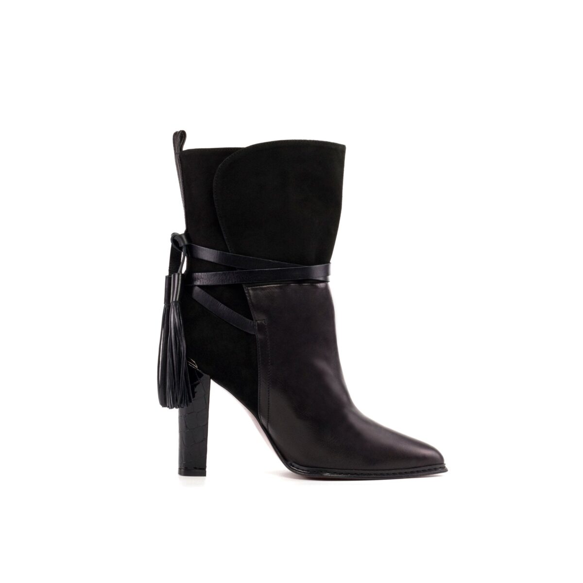 Women's Cartagena Boots in Black Suede Nappa Leather and Croco Print