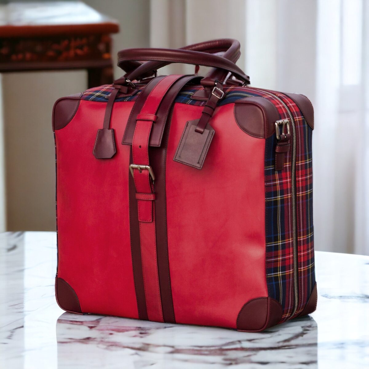 Zaragoza Travel Tote in Burgundy and Red Tartan