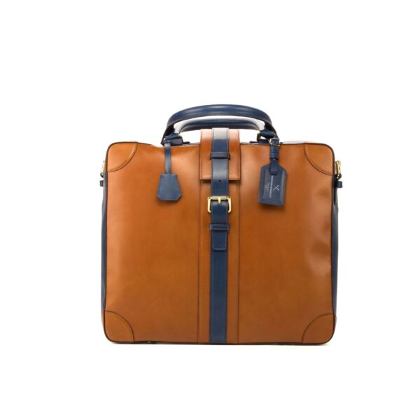 Zaragoza Travel Tote in Cognac Brown and Navy Calf Leather