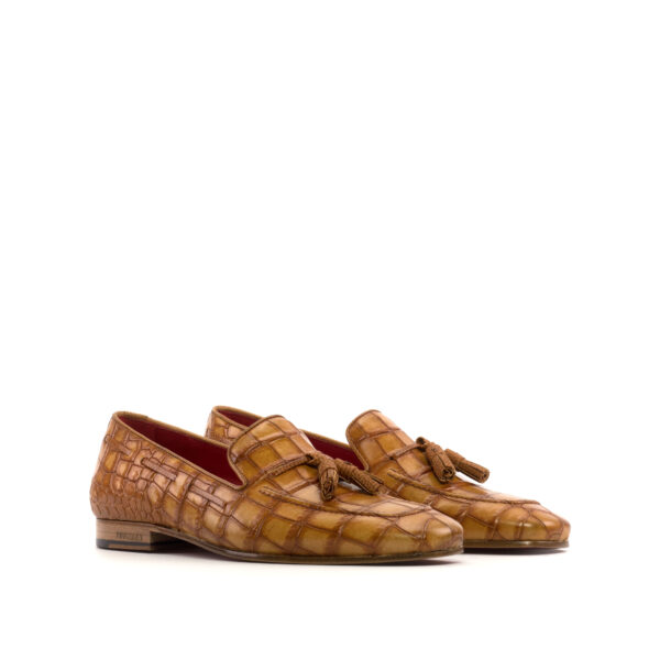 's Carré Cognac Croco Smoking Slippers with Red Bottom