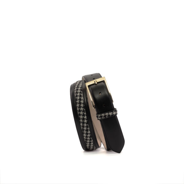 Black Calf Leather Belt with Houndstooth Accents