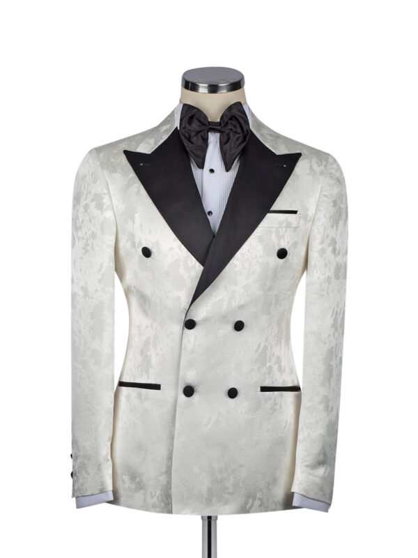 Men_s Double Breasted Peak Lapel Two Piece Tuxedo in White and Black with Splotch Pattern 2