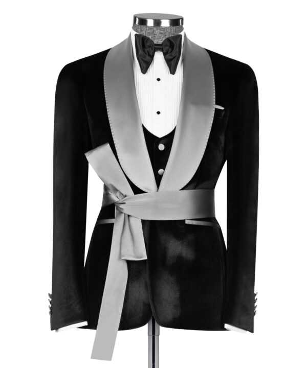 Men's Black and Grey Shawl Lapel Tuxedo with Waist Tie