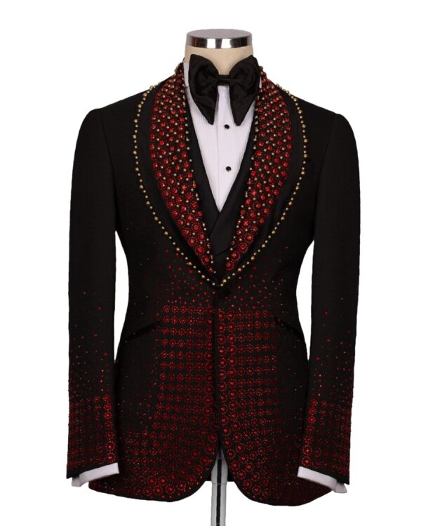Men's Red and Black Rhinestone Embellished Shawl Lapel 3 Piece Tuxedo