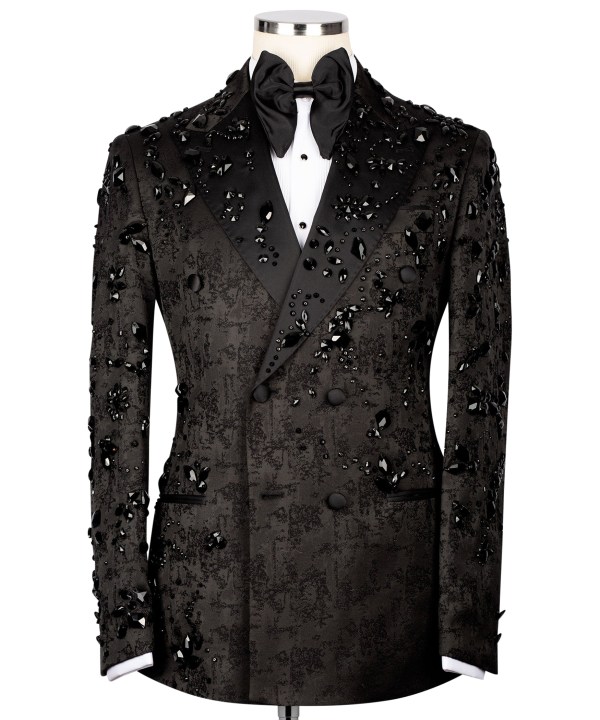 Men's Black Embellished Peak Label Double Breasted Tuxedo