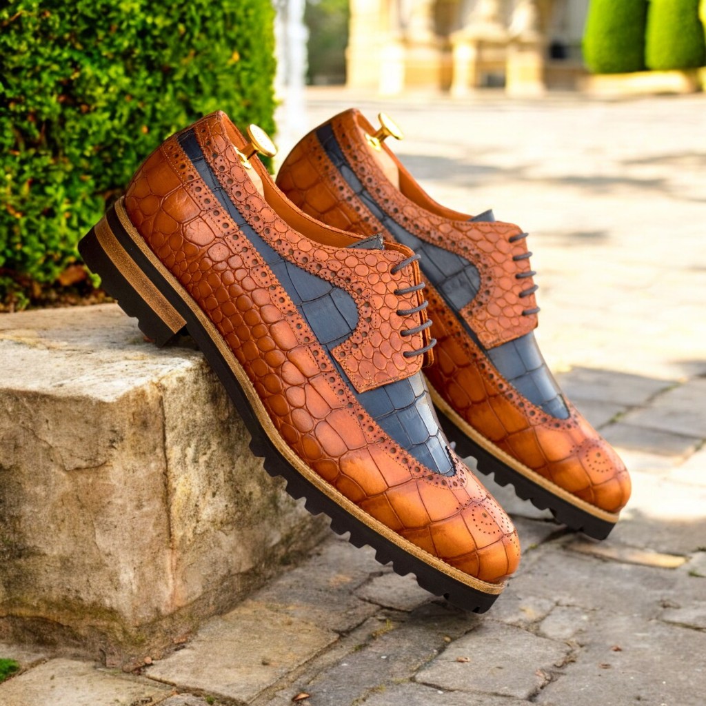 Wingtips Men's Wingtips Navy Cognac Croco Commando Sole