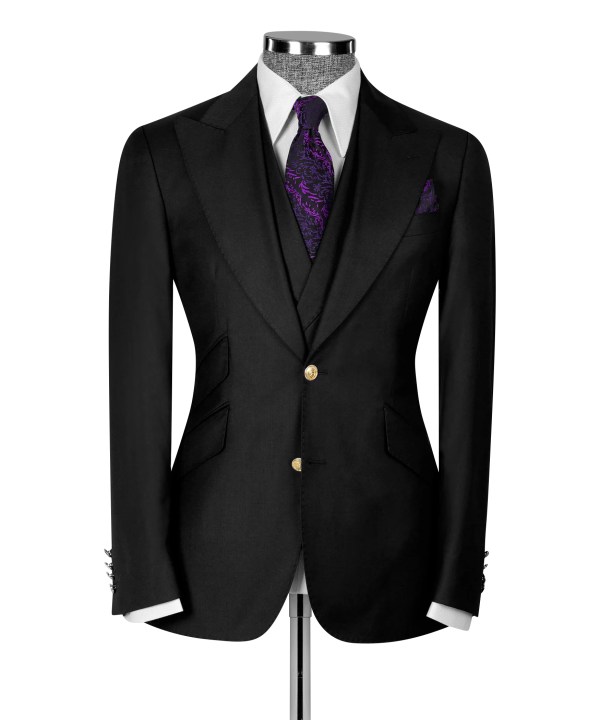 Men's Power Suit Black Peak Lapel 3 Piece Suit