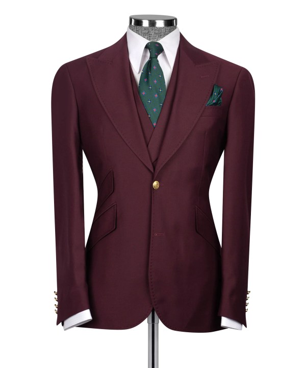 Men's Power Suit Burgundy Peak Lapel 3 Piece Suit