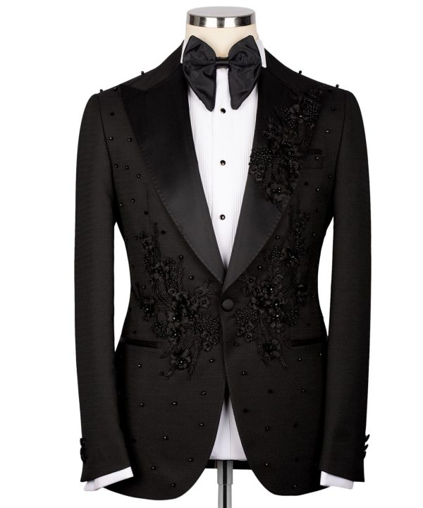 Men's Shawl Lapel Black Embellished Three Piece Tuxedo 1