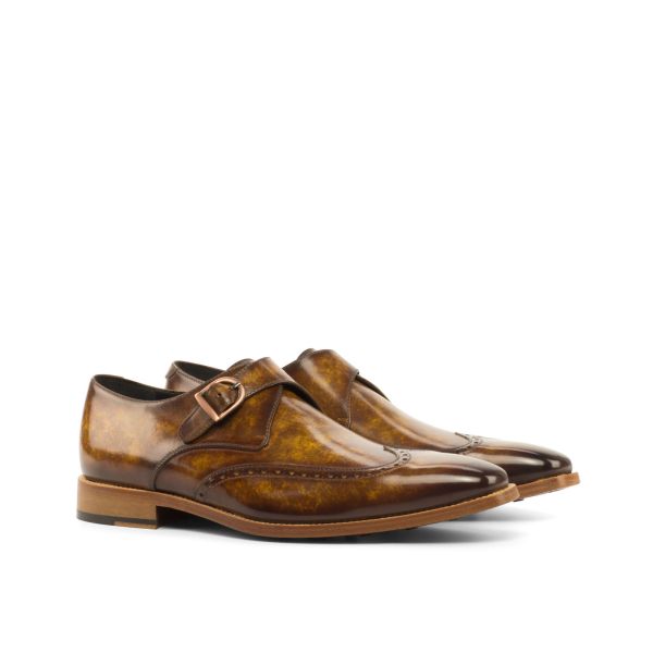 Men's Single Monk Strap Wingtips in Cognac Marble Patina