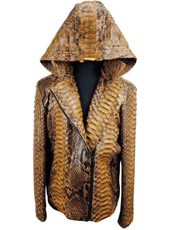 Mens Hendrix Cognac Brown Python Biker Jacket with Removable Zip Hood